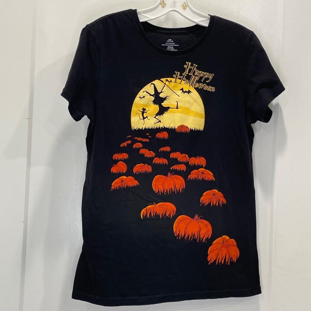 Womens T Shirt Happy Halloween Black Tee Moon Witch Pumpkin 100% Cotton Large